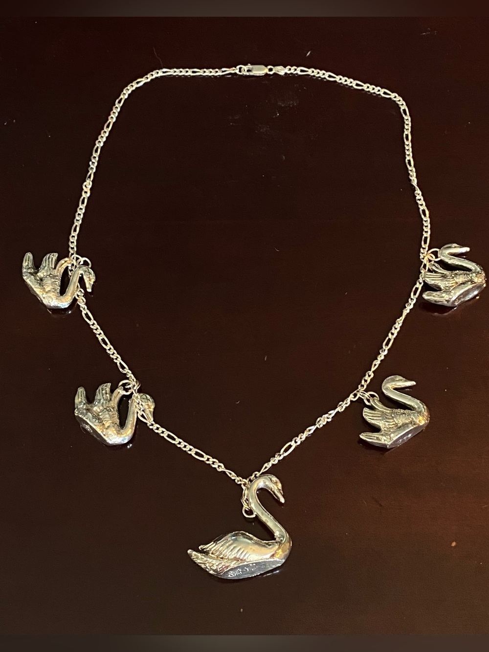 925 Sterling Silver 3D Swan Bird Charm Pendant Necklace Electroform Figaro Chain